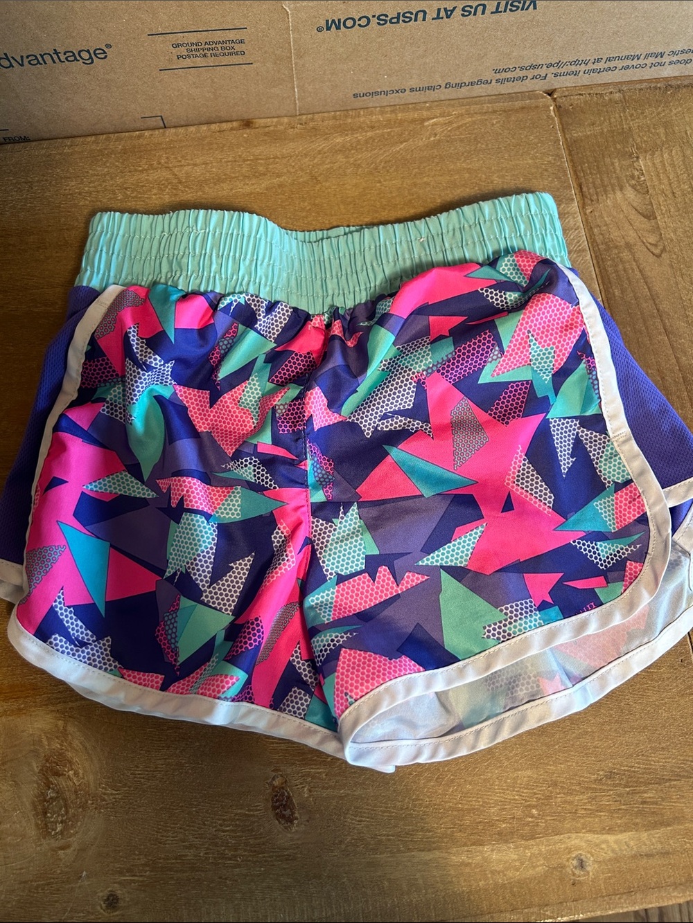 Skechers Girls Purple Neon Geometric Athletic Shorts with Mint Waistband